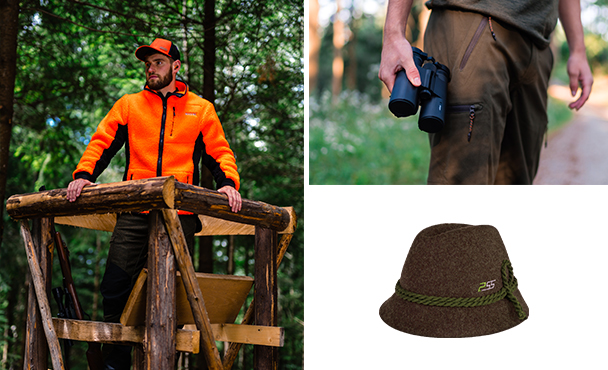 Collage avec trois scnes de chasse :  gauche, un homme en veste orange se tient sur un mirador en fort ; en haut  droite, une personne tient des jumelles ; en bas, un chapeau de chasse marron avec un cordon vert.