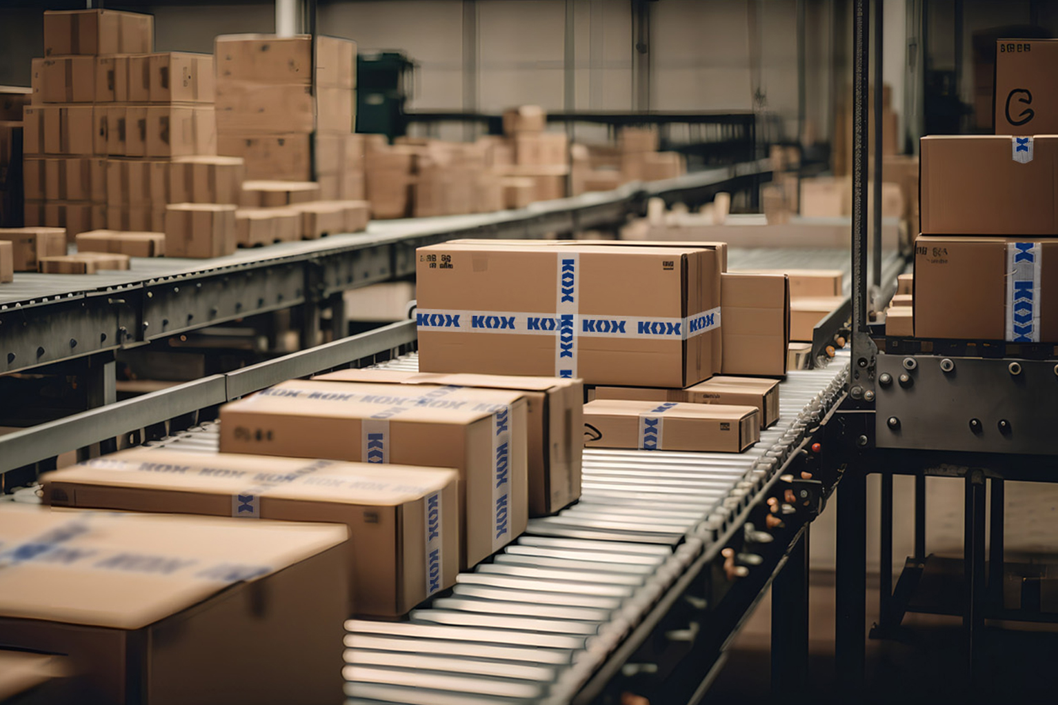 Plusieurs cartons ferm�s avec du ruban KOX circulent sur des convoyeurs dans un entrep�t, avec d’autres colis empil�s en arri�re-plan.