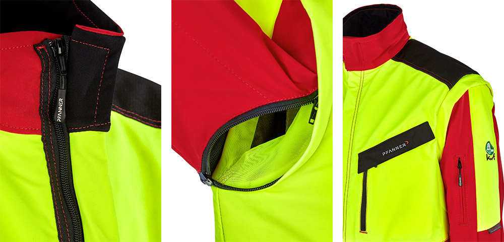 Vues d�taill�es d’une veste foresti�re jaune et rouge avec fermeture �clair, ouverture d’a�ration et poche poitrine.